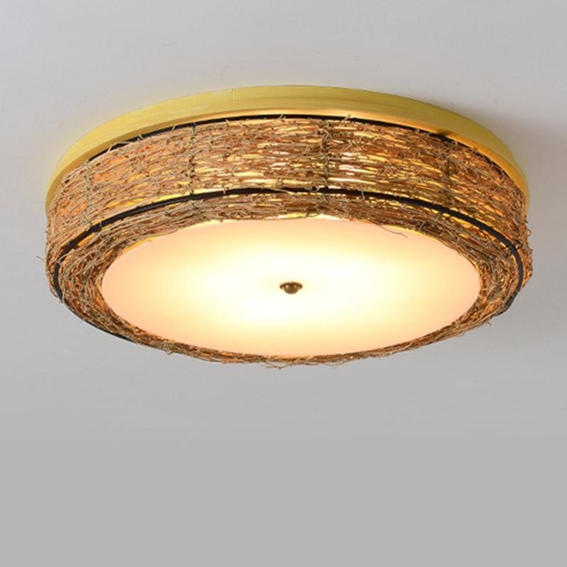 Farmhouse Wicker Flush Mount Ceiling Light - Rustic Natural Finish