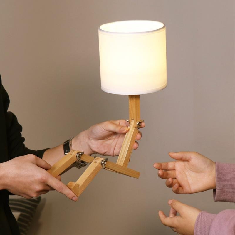 Adjustable Wooden Sitting Robot LED Table Lamp with Fabric Shade