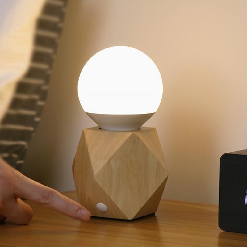 Geometric Wooden Base Touch Table Lamp with USB Charging Port