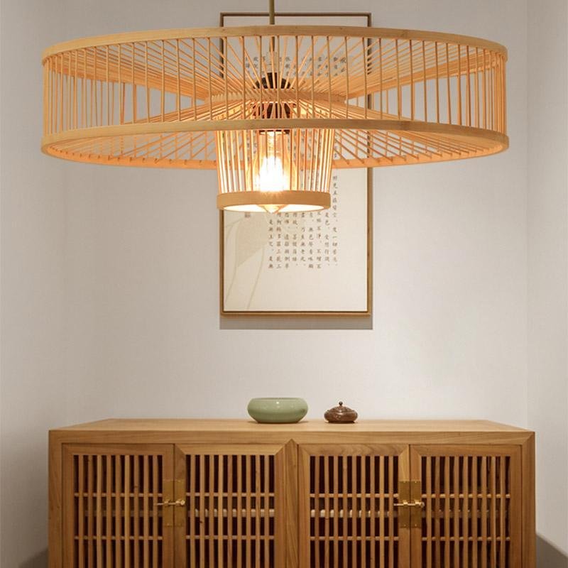 Bamboo Drum Pendant Light - Farmhouse Burlywood Ceiling Fixture