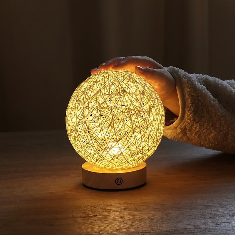 Rustic Rattan Wicker Table Lamp with Wood Base and LED Light
