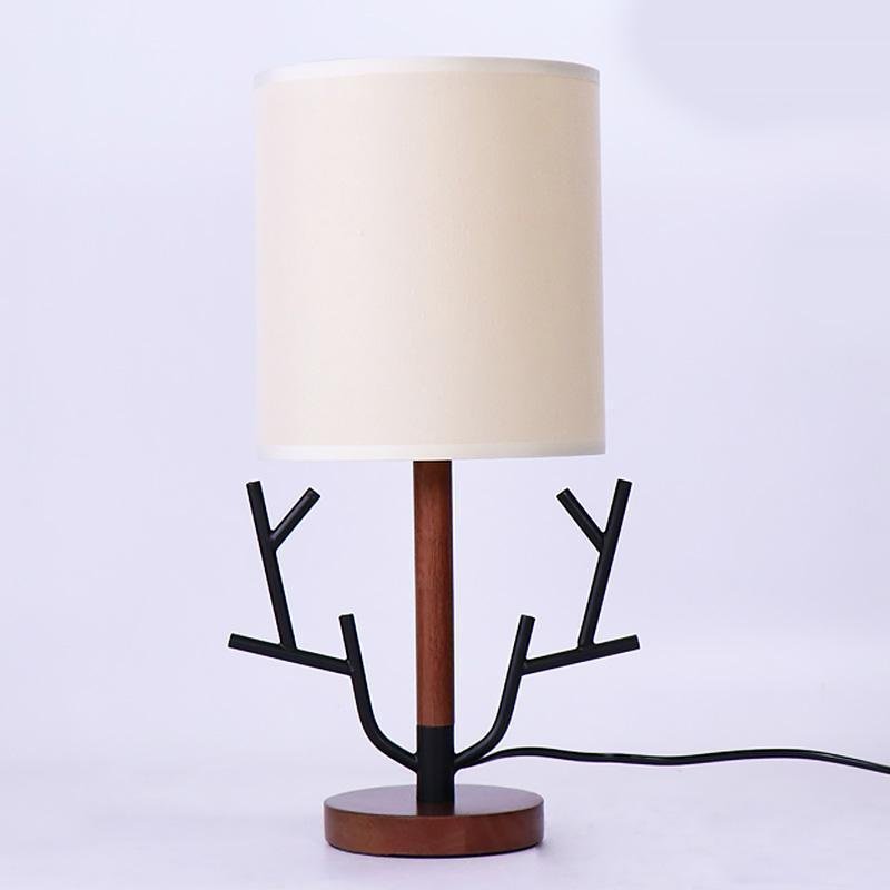 Vintage Rustic Tree Branch Table Lamp with Fabric Drum Shade