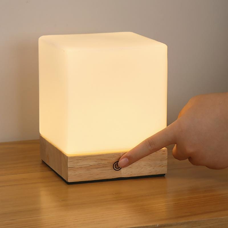 Mini Cube LED Table Lamp with Opal Glass Shade & Wood Base