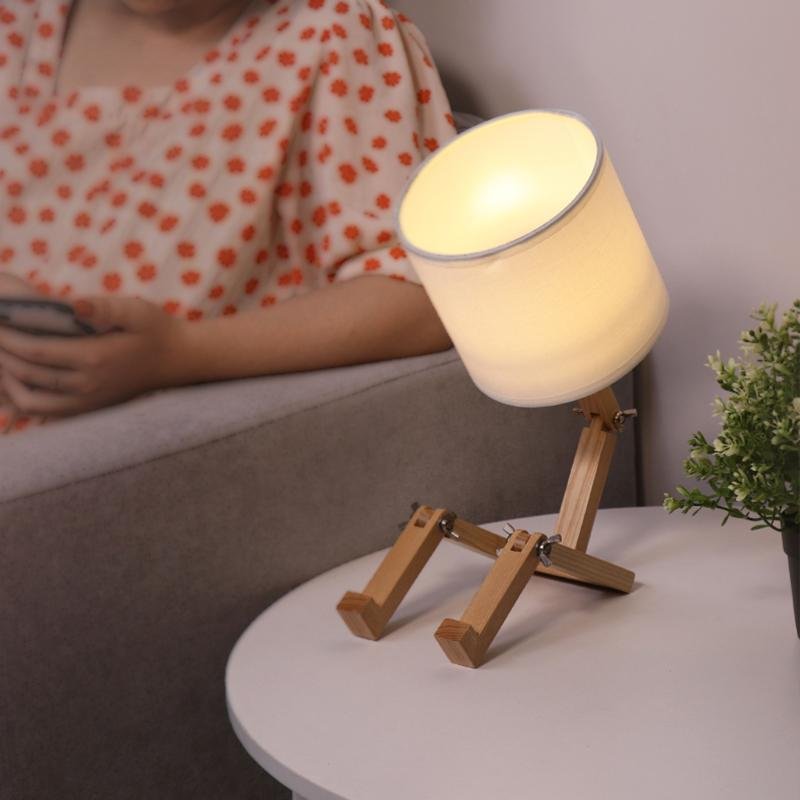 Adjustable Wooden Sitting Robot LED Table Lamp with Fabric Shade