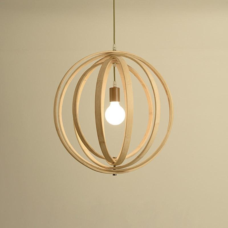 Rustic Wood Pendant Light with Layered Bamboo Rings & Exposed LED