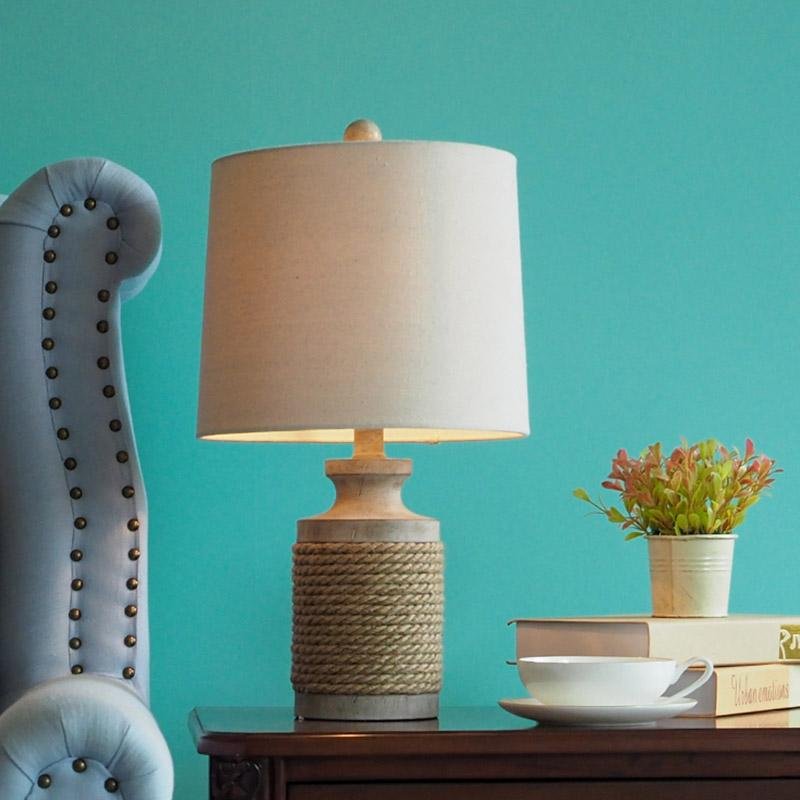 Rustic Stone Table Lamp with Rope Wrap & Oatmeal Fabric Shade