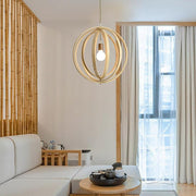 Rustic Wood Pendant Light with Layered Bamboo Rings & Exposed LED