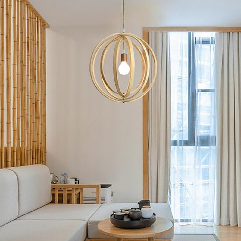 Rustic Wood Pendant Light with Layered Bamboo Rings & Exposed LED