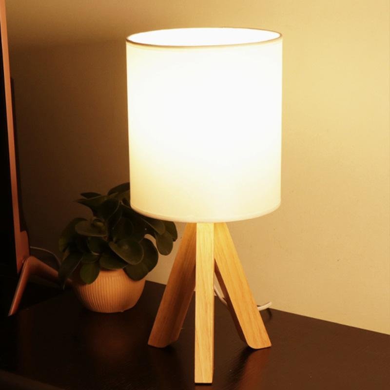 15" Modern Tripod Table Lamp with Natural Wood Base & Linen Shade