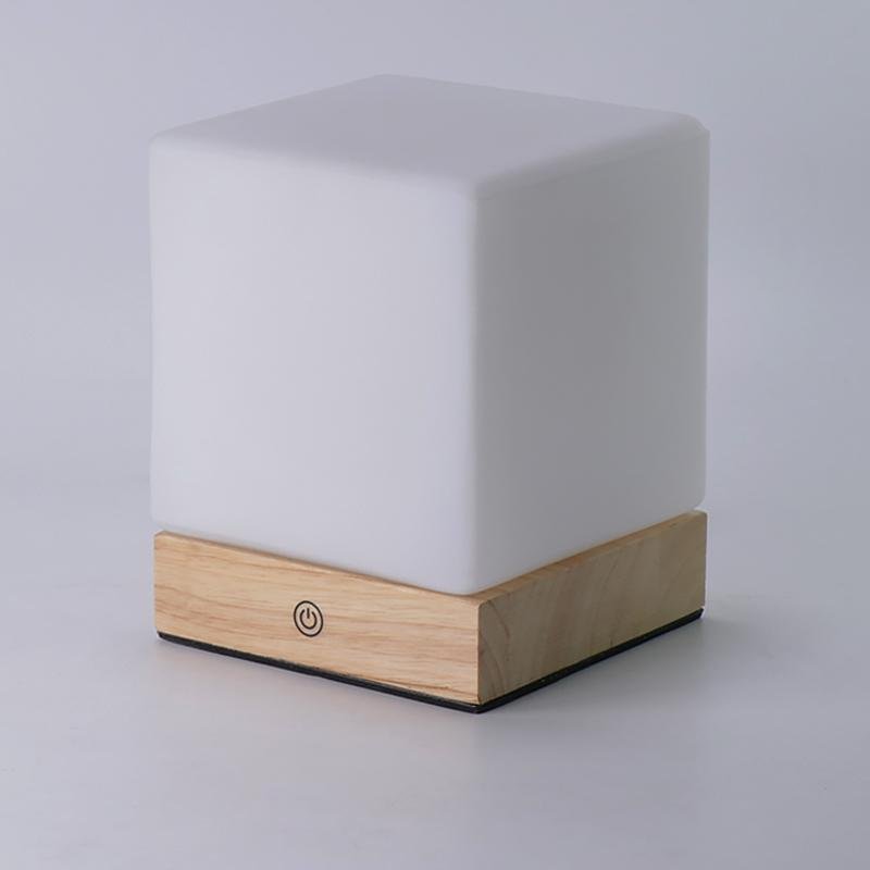 Mini Cube LED Table Lamp with Opal Glass Shade & Wood Base