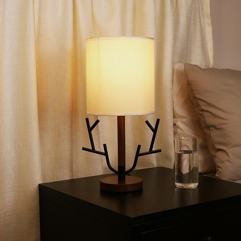 Vintage Rustic Tree Branch Table Lamp with Fabric Drum Shade