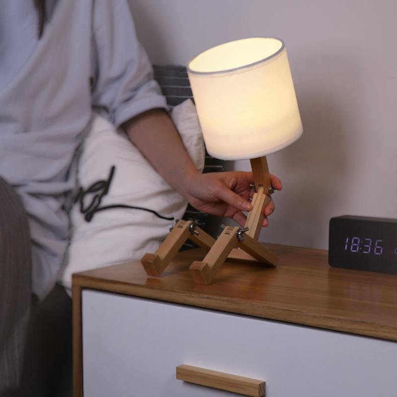 Adjustable Wooden Sitting Robot LED Table Lamp with Fabric Shade