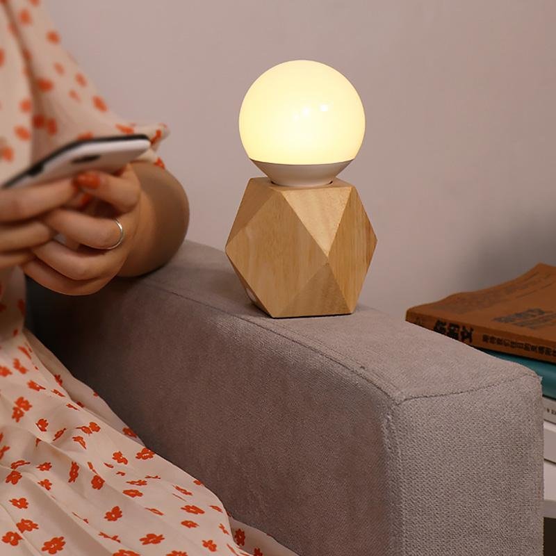 Geometric Wooden Base Touch Table Lamp with USB Charging Port
