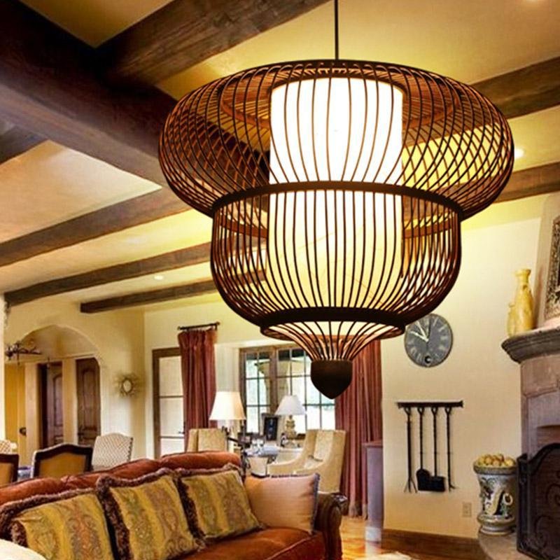 2-Tier Bubble Bamboo Pendant Light - Dark Brown Moroccan Design