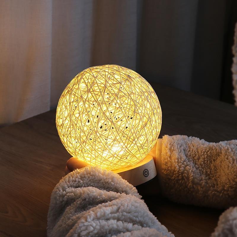 Rustic Rattan Wicker Table Lamp with Wood Base and LED Light