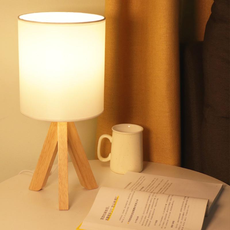 15" Modern Tripod Table Lamp with Natural Wood Base & Linen Shade