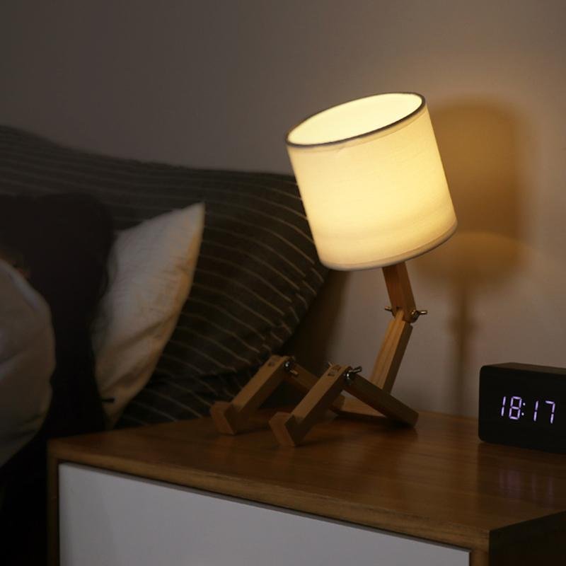 Adjustable Wooden Sitting Robot LED Table Lamp with Fabric Shade