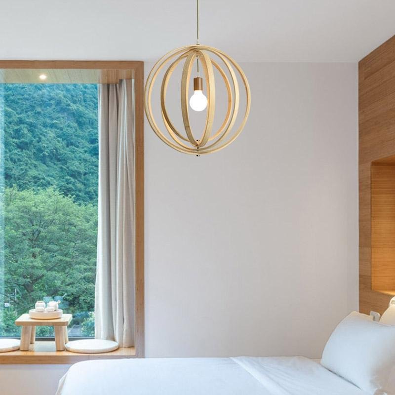 Rustic Wood Pendant Light with Layered Bamboo Rings & Exposed LED
