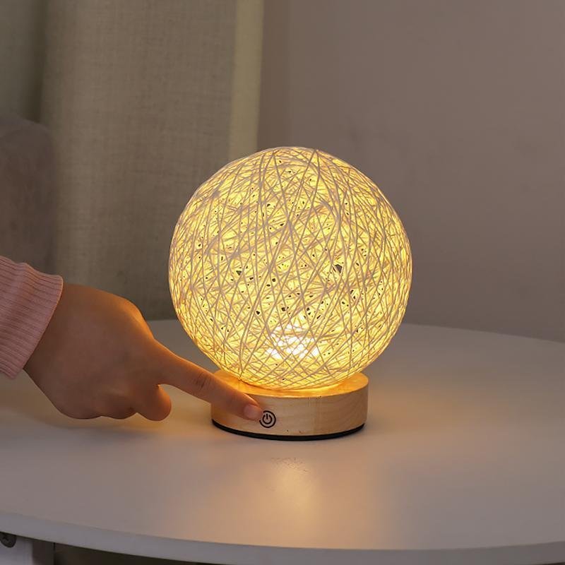 Rustic Rattan Wicker Table Lamp with Wood Base and LED Light