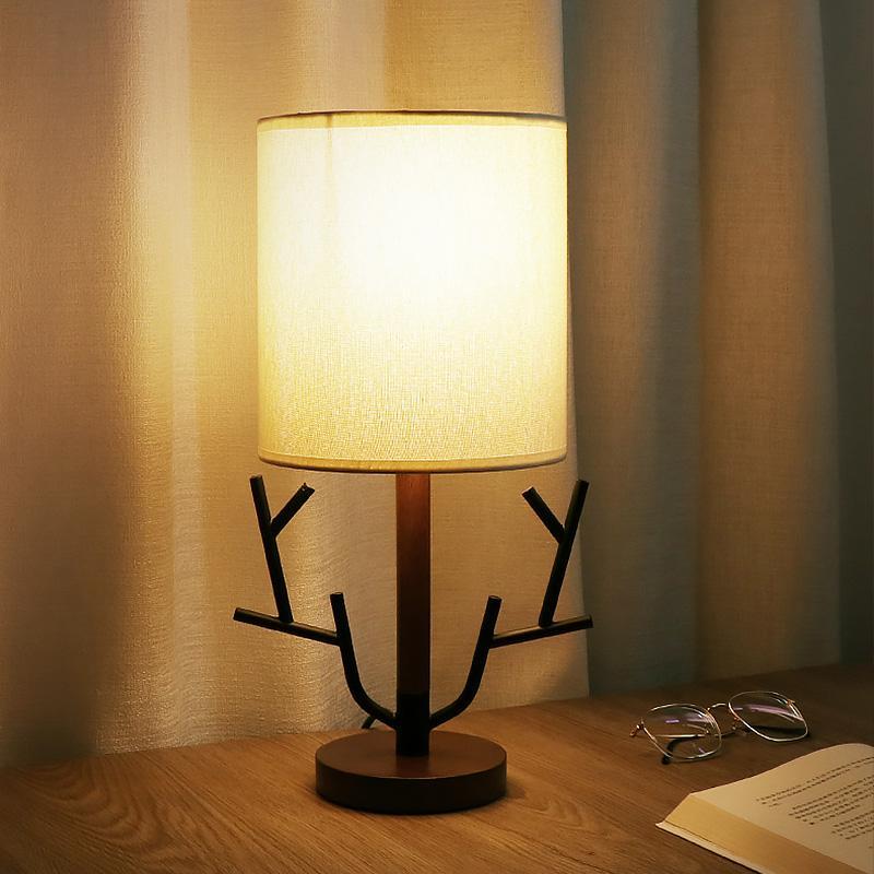 Vintage Rustic Tree Branch Table Lamp with Fabric Drum Shade