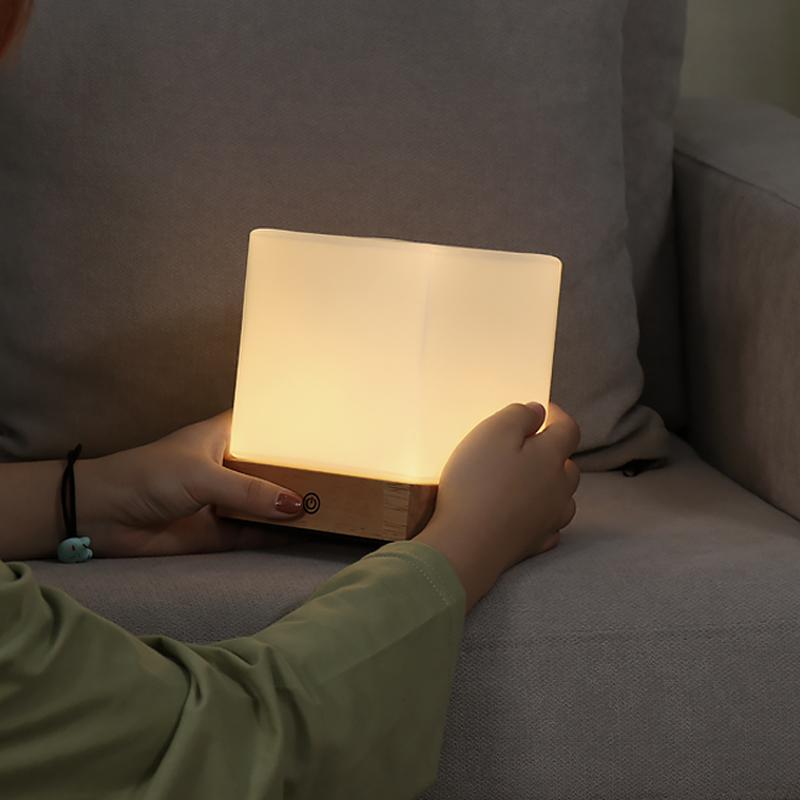 Mini Cube LED Table Lamp with Opal Glass Shade & Wood Base