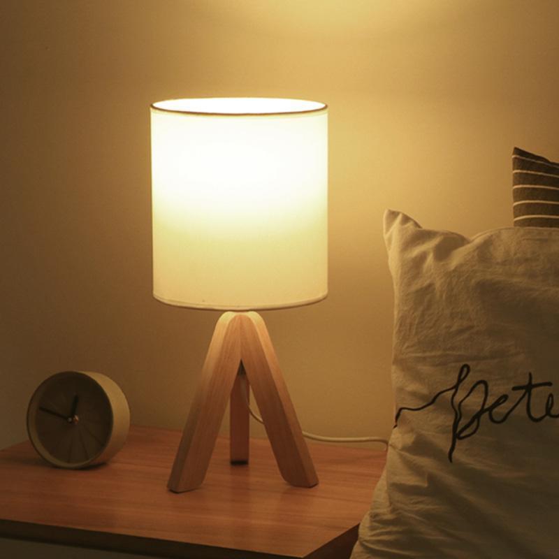 15" Modern Tripod Table Lamp with Natural Wood Base & Linen Shade