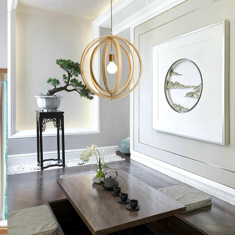 Rustic Wood Pendant Light with Layered Bamboo Rings & Exposed LED
