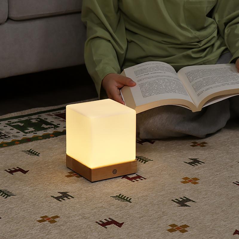 Mini Cube LED Table Lamp with Opal Glass Shade & Wood Base