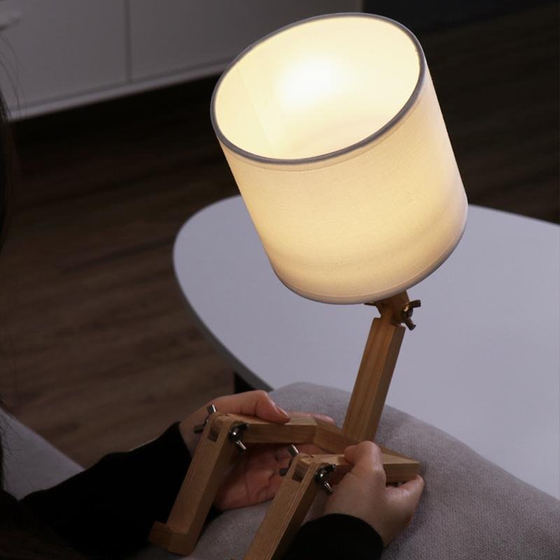 Adjustable Wooden Sitting Robot LED Table Lamp with Fabric Shade