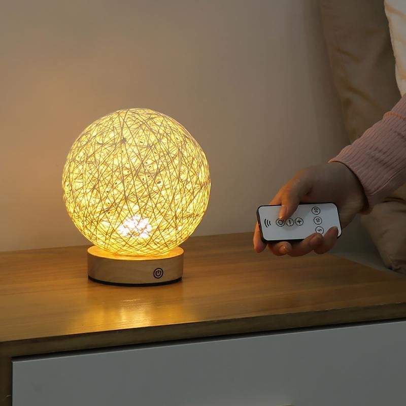Rustic Rattan Wicker Table Lamp with Wood Base and LED Light