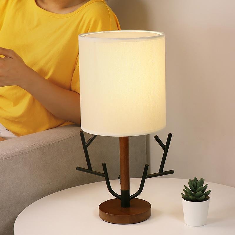 Vintage Rustic Tree Branch Table Lamp with Fabric Drum Shade
