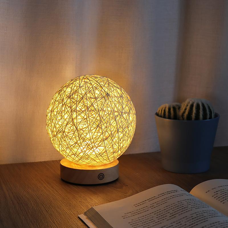 Rustic Rattan Wicker Table Lamp with Wood Base and LED Light