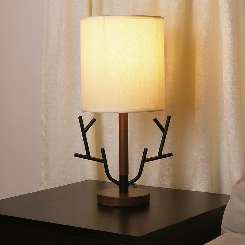 Vintage Rustic Tree Branch Table Lamp with Fabric Drum Shade
