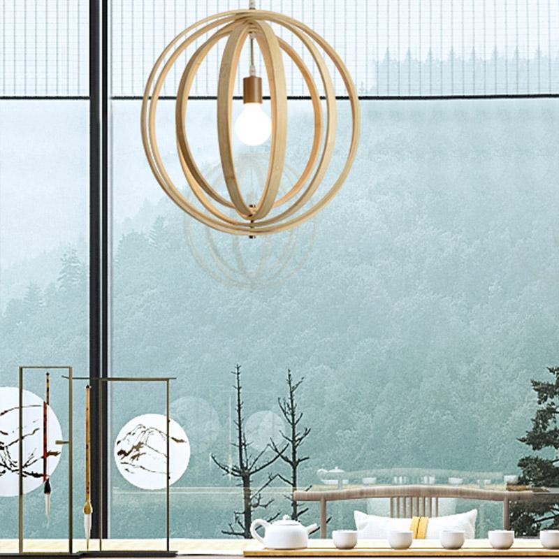 Rustic Wood Pendant Light with Layered Bamboo Rings & Exposed LED