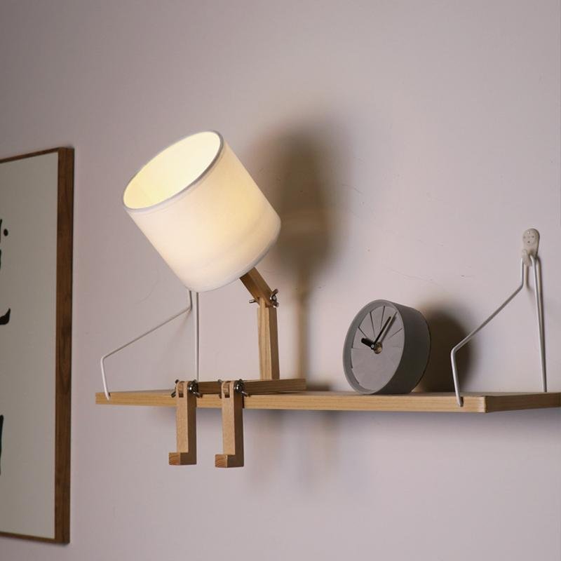 Adjustable Wooden Sitting Robot LED Table Lamp with Fabric Shade