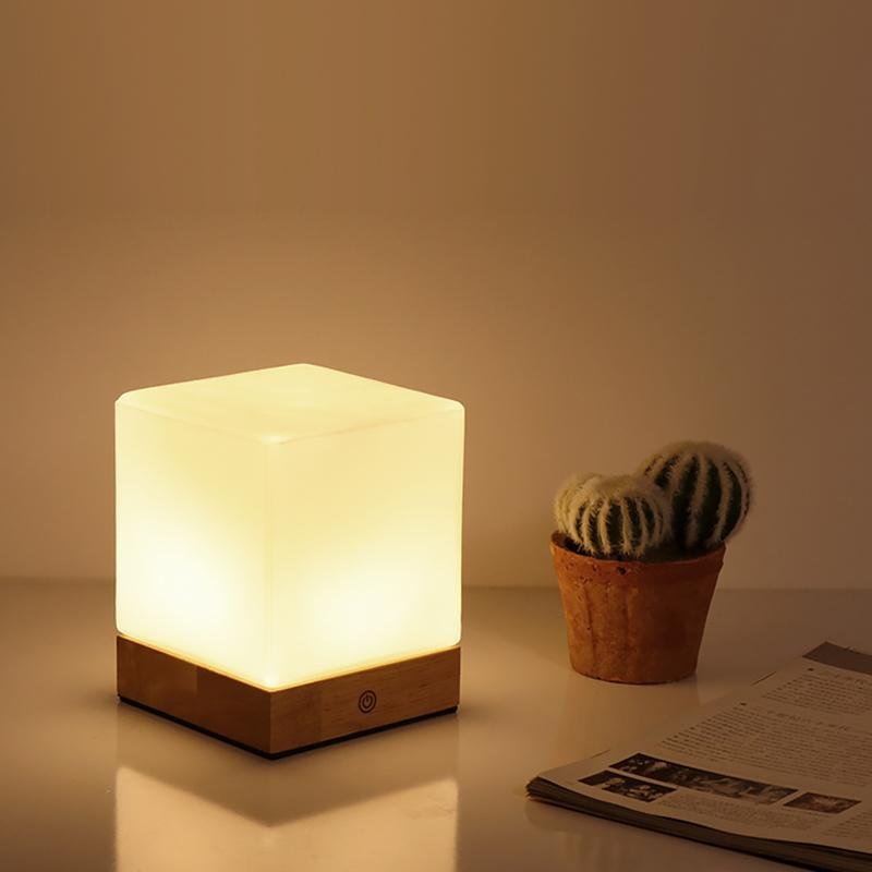 Mini Cube LED Table Lamp with Opal Glass Shade & Wood Base