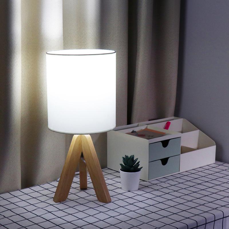 15" Modern Tripod Table Lamp with Natural Wood Base & Linen Shade