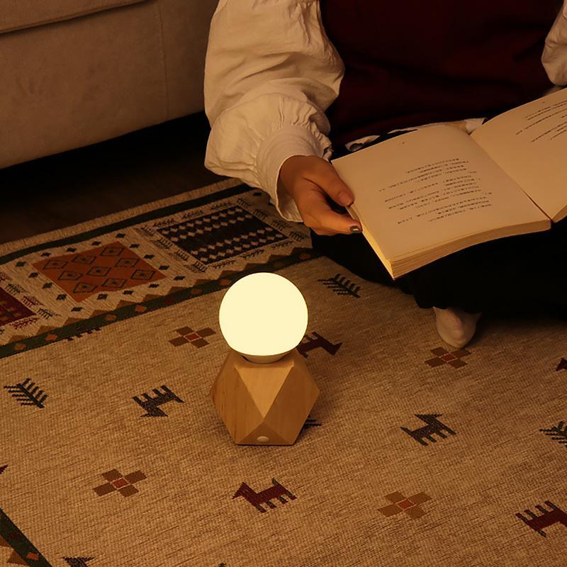 Geometric Wooden Base Touch Table Lamp with USB Charging Port