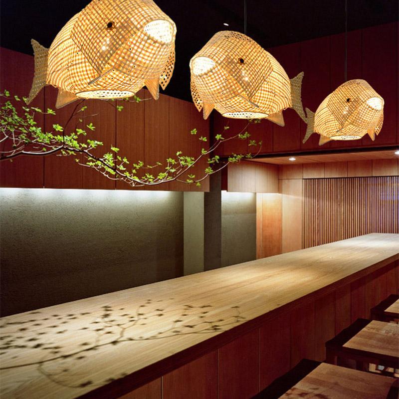 26" Fish-Shaped Bamboo Pendant Light - Farmhouse Rustic Design