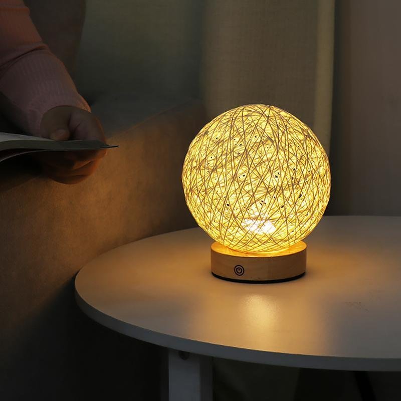 Rustic Rattan Wicker Table Lamp with Wood Base and LED Light