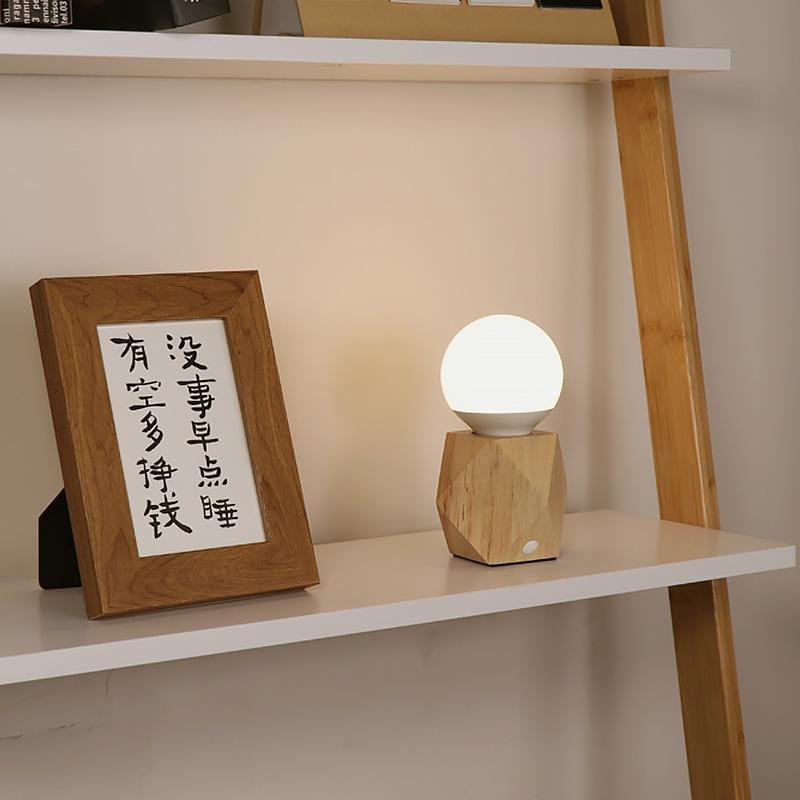 Geometric Wooden Base Touch Table Lamp with USB Charging Port