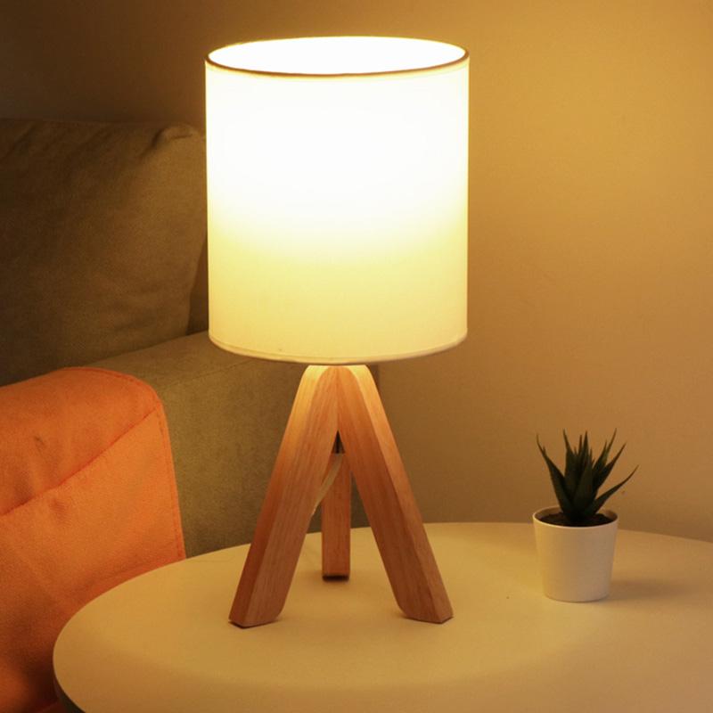 15" Modern Tripod Table Lamp with Natural Wood Base & Linen Shade