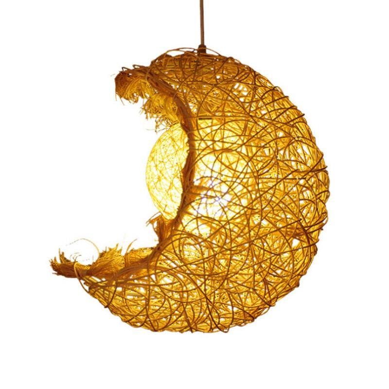 Moon Shaped Wicker Rattan Pendant Light Farmhouse Ceiling Fixture