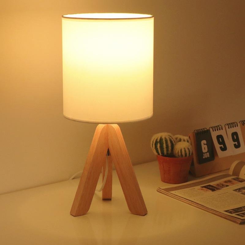 15" Modern Tripod Table Lamp with Natural Wood Base & Linen Shade