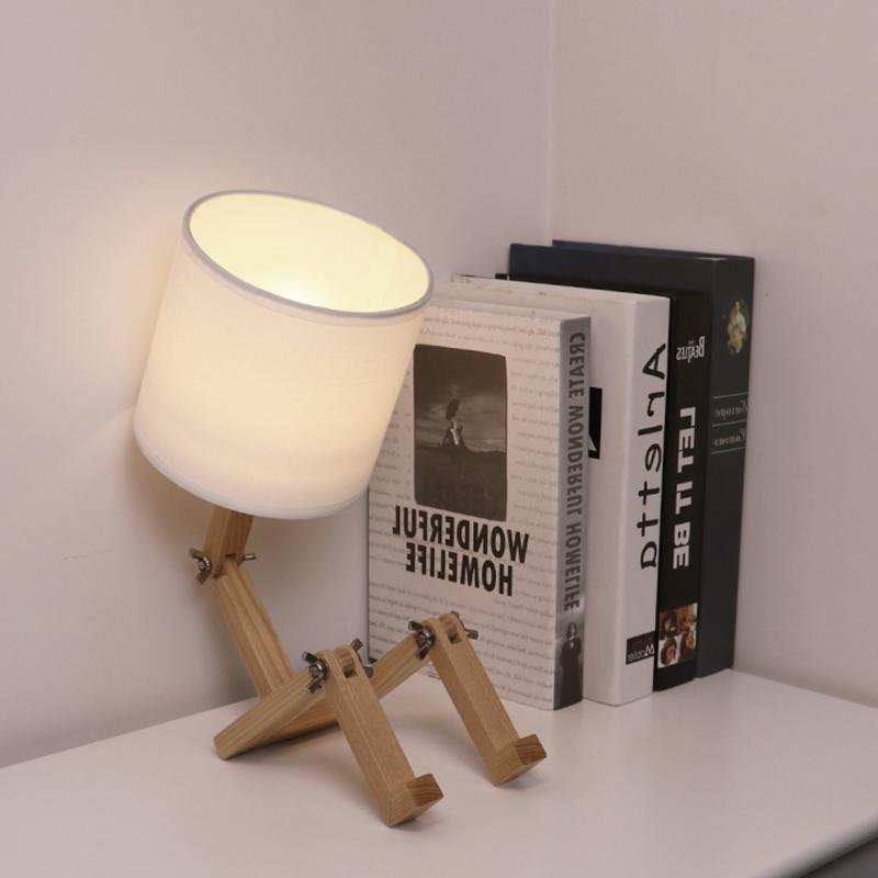 Adjustable Wooden Sitting Robot LED Table Lamp with Fabric Shade