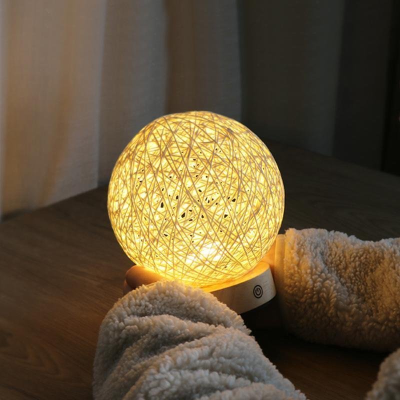 Rustic Rattan Wicker Table Lamp with Wood Base and LED Light