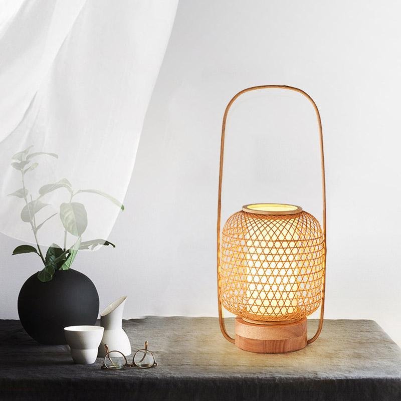 Woven Bamboo LED Table Lamp with USB Port & Portable Handle