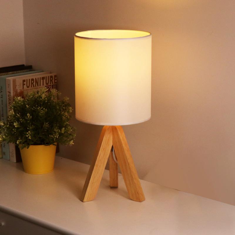 15" Modern Tripod Table Lamp with Natural Wood Base & Linen Shade