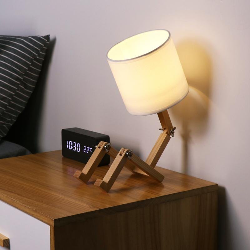 Adjustable Wooden Sitting Robot LED Table Lamp with Fabric Shade