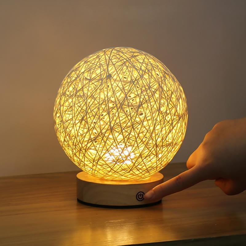Rustic Rattan Wicker Table Lamp with Wood Base and LED Light